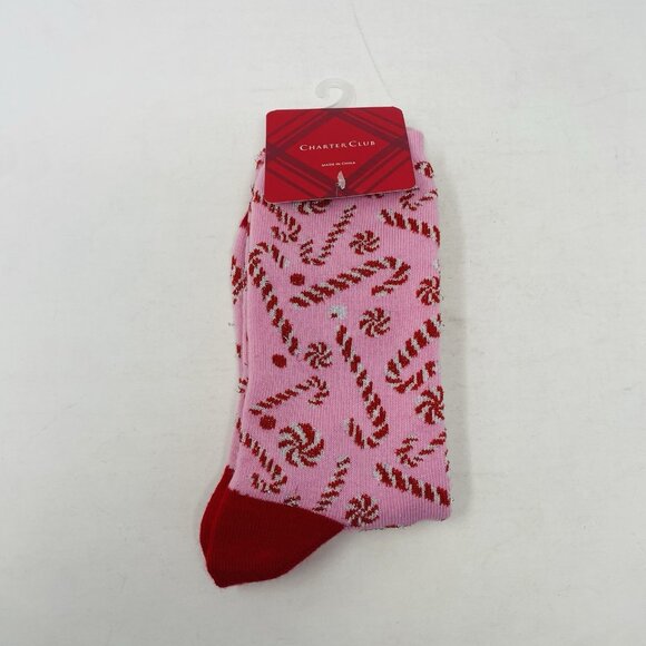 Charter Club Women One Size Christmas Candy Cane Holiday Crew Socks Pink/Red 060 - Picture 1 of 5